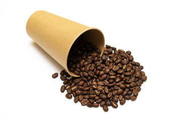 scattered from a glass of coffee grains on a white background.