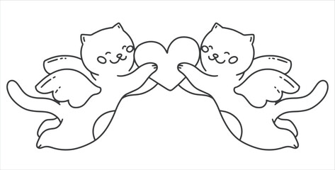 Two cupid cats are holding a heart. Angel cat. Valentine's day card. Vector illustration in a linear style.