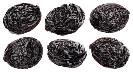 Prunes isolated on white background, collection