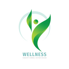 Wellness concept business logo design. Human in foliage green leaves logo sign. Happiness healthy symbol. Cosmetic icon. Vector illustration. 
