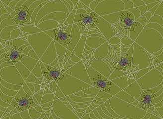 Green background with spiders web and pumpkins