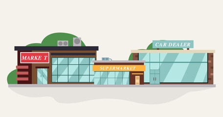 Front view Set of shop and super store flat  vector illustration
