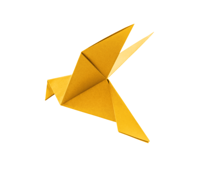Yellow paper dove origami isolated on a white background
