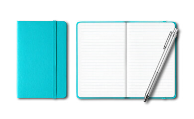Blue closed and open lined notebooks with a pen isolated on transparent background