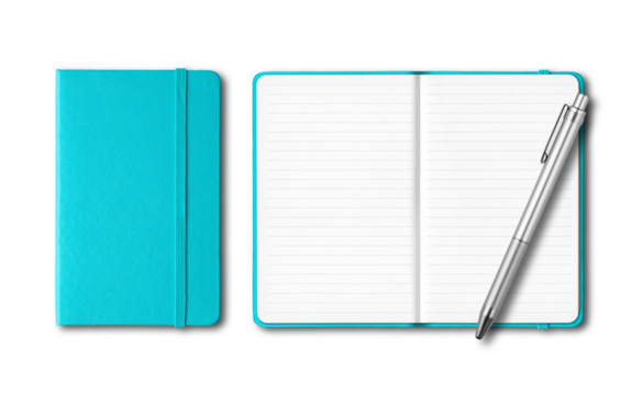 Blue closed and open lined notebooks with a pen isolated on transparent background