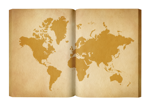 Vintage world map on an old open book