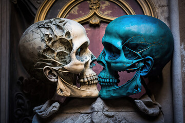 Two skulls front kissing each other, Saint Valentine day, streets of naples, created with Generative AI