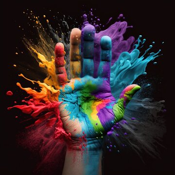 A hand throwing colours in a multi colour splash background. Holi festival concept. Generative AI
