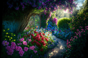 Obraz na płótnie Canvas English cottage garden, sunlight shining through trees, pathway to gate. Generative AI