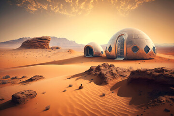 Fototapeta na wymiar Futuristic human habitats in the planet Mars. Generative AI