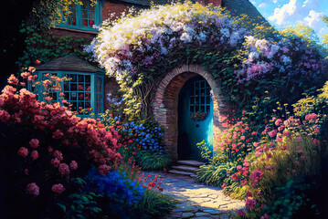 English cottage garden, oil painting, door to house. Generative AI