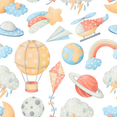 Children's sky seamless pattern. Hand drawn watercolor illustrations