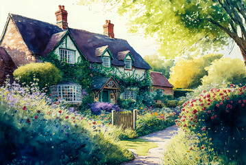 English cottage garden watercolor painting, house, pathway. Generative AI - obrazy, fototapety, plakaty