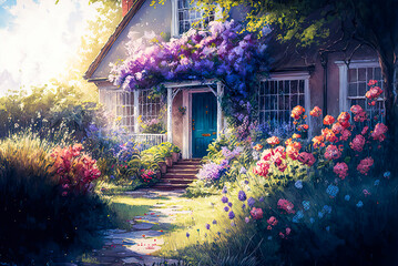 English cottage garden watercolor painting, house entrance. Generative AI