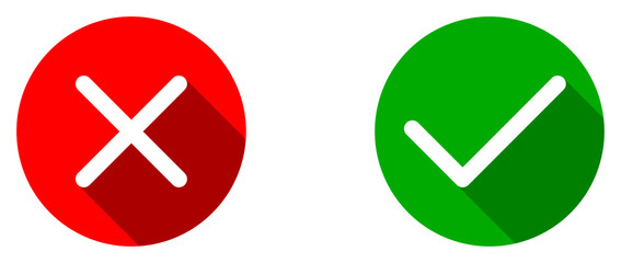 Yes and No or Right and Wrong or Approved and Declined Icons with Check Mark and X Signs with 3D Shadow Effect in Green and Red Circles. Vector Image.