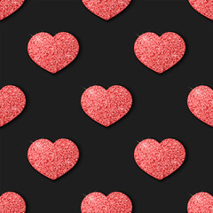 Red confetti hearts seamless pattern. Volumetric vector hearts with glitter on black background. Best for web, polygraphy, print and St. Valentine's Day decoration.