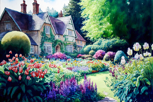 English cottage garden watercolor painting, house. Generative AI
