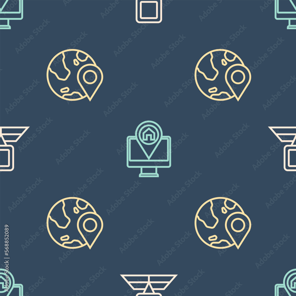 Poster set line folded map with location marker, location the globe and monitor on seamless pattern. vector