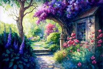 English cottage garden watercolor painting, stone pathway. Generative AI