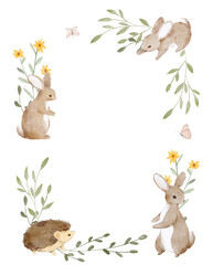 Watercolour frame with cute rabbits, hedgehog and plants.  - 568852234