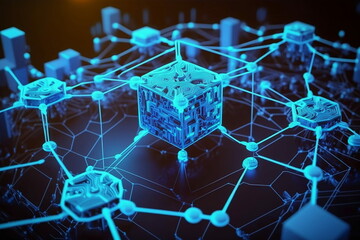 Blockchain crypto technology symbolizing chain of block in digital ledger for cryptocurrency like bitcoin or ethereum. Data security and encryption. Connected nodes, fintech.