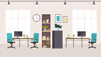 Interior concept of office furniture for workstations. Vector flat graphic design cartoon illustration