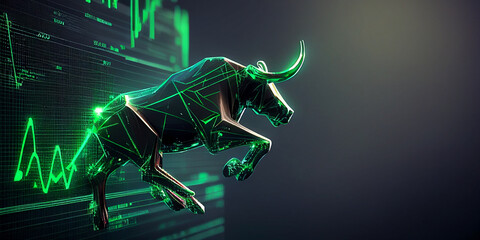 Stock market bull market trading Up trend of graph green background rising price Generative AI. - obrazy, fototapety, plakaty