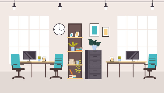 Interior concept of office furniture for workstations. Vector flat graphic design cartoon illustration