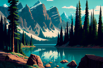 Generative AI illustration of a rocky mountains scenic with a lake and forest