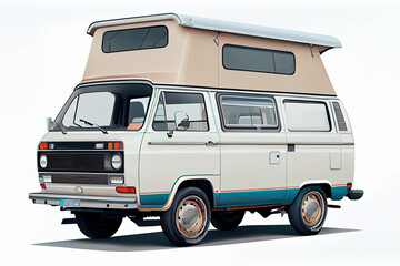 Generative AI illustration of a 1980s camper van with a pop-up roof on a white background