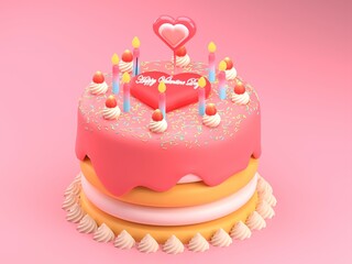 Cute cake 3d rendering pink color 4 floors with a sweet candle, Sweet cake for a surprise , Valentine's Day on a pink background