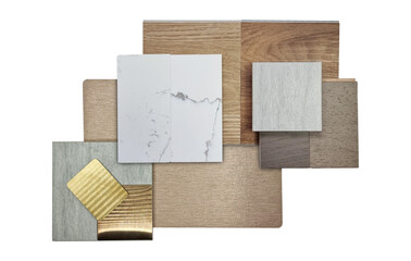 group of interior material samples including brushed stainless, copper aluminium, bronze laminated,...