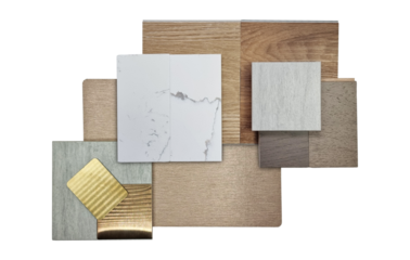 group of interior material samples including brushed stainless, copper aluminium, bronze laminated, stone tile, wooden flooring tile, marble quartz, veneer isolated on background with clipping path.
