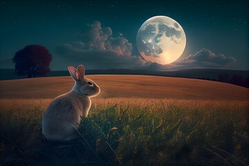 Landscape of easter rabbit with the full moon and flowers meadow. Ai generated - obrazy, fototapety, plakaty