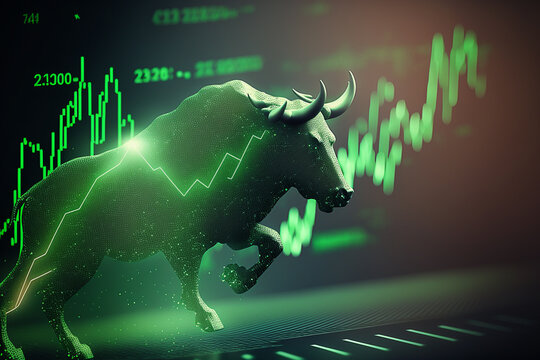 Stock market bull market trading Up trend of graph green background rising price Generative AI.