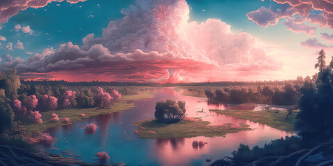 Illustration einer abstrakten Fantasielandschaft, Malerei, Digital Art AI Generative AI Kunst, Hintergrund Cover Kinderbuch