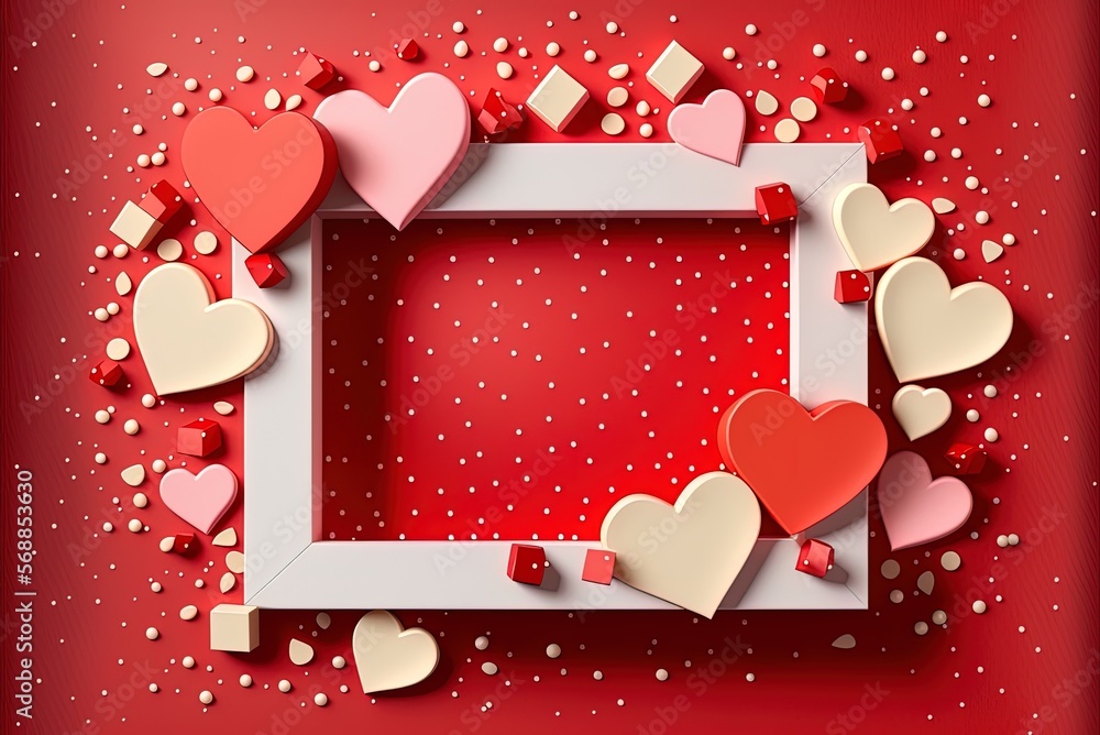 Poster constructed from a heart-shaped assortment of candy boxes decorations with a red color scheme valent