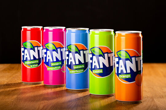 Assorted exotic flavors of the Fanta soft drink that are sold in Germany in 0,33 Lt.can presentation. Five different types of the Fanta brand owned by Coca-Cola.