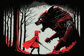 Armored red riding hood fighting the big bad wolf - Postproducted generative AI digital illustration