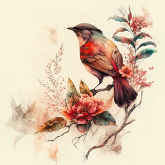 bird on a branch with flowers art generative ai