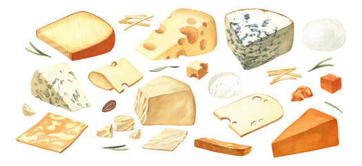 Watercolor different kinds cheeses with cutted pieces, milk dairy product. Delicious food hand-drawn illustration isolated on white background. Perfect for menu, recipe, label, packaging design.
