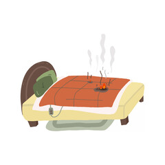 Low-quality dangerous warming blanket. Electric blanket fire on bed. Isolated vector image.