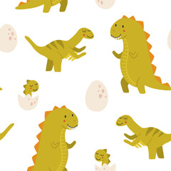Vector seamless color repeating pattern with dinosaurs in Scandinavian style. Childish seamless pattern with hand-drawn dinosaurs. Vector illustration of dinosaurs. Vector stock illustration.