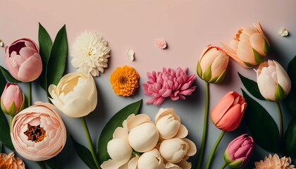 Spring Flowers Border with Tulips, Mums, Peonies with Space for Copy