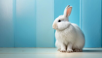 Adorable White Bunny Rabbit on Light Blue Background