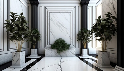 Modern Interior of Lobby or Entryway with Black and White Marble and Lush Plants