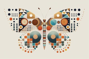 butterfly made from squares, circles, alphabets, poka dots, lines, flowers, and patterns, modern traditional in the white background. minimal boho generative ai