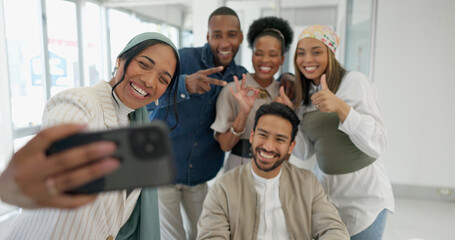 Fototapeta na wymiar Selfie, office and group of people portrait for social media post, online networking update and happy diversity. Workplace culture, smile and thumbs up or peace sign of employees in profile picture