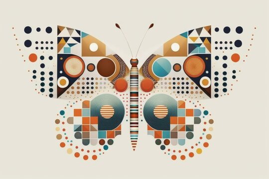 butterfly made from squares, circles, alphabets, poka dots, lines, flowers, and patterns, modern traditional in the white background. minimal boho generative ai