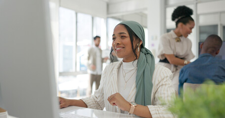 Creative, black woman and planning on computer for idea, vision and checking in office. Goal, businesswoman and online project by happy, smile and thinking for email, internet and search or proposal